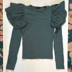 Zara Green Ruffled Puff Sleeve Blouse